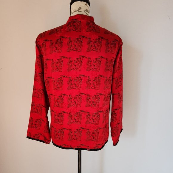 Vintage Chico's Design Silk Satin Japanese Art Mandarin Neck Blouse Button Red - Picture 5 of 11